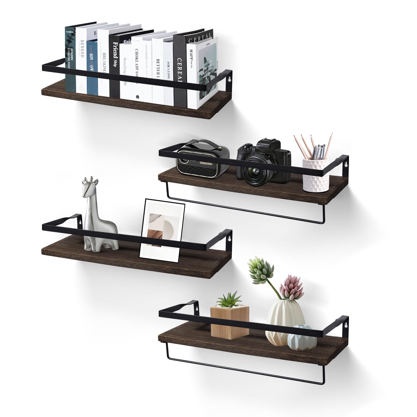 Uten Floating Shelves, Decorative Shelves Set of 4 Rustic Shelf with Rail, Shelves Wall Mounted for Kitchen, Bedroom and Bathroom