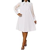 Ekaliy Women's Puff Sleeves A-Line Dress V Neck Bow Loose Flowy Cocktail Party Dress with Pockets
