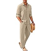 COOFANDY Mens Linen Sets 2 Piece Long Sleeve Button Down Cuban Shirt and Pants Set Summer Beach Set Outfits