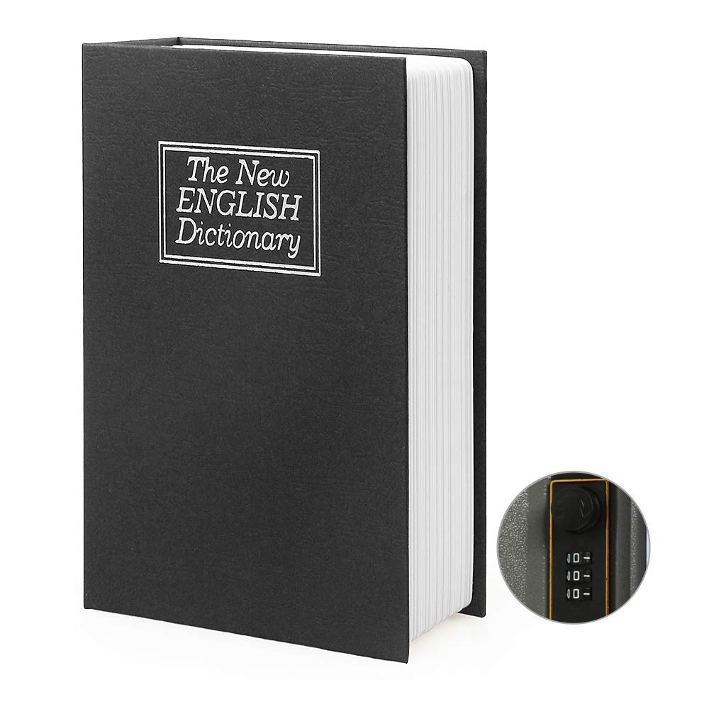 PACOLO Small Sized Diversion Book Safe Storage Box, Dictionary Secret Safe Can with Security Combination Lock/Key, Black