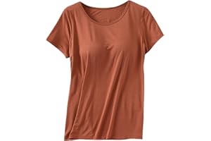 QEAGHOU Trendy Tops for Women 2024 Modal Built-in Bra Padded Bras T Shirts Short Sleeve Solid Basic Comfy Yoga Athletic Tees