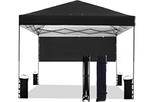 Tunbne 10'x10' Pop Up Canopy Tent with Half Sidewall, 1-Person Easy Setup, Instant Shade Canopy with Sliver Coated for Parties Beach Outdoor, Wheeled Carrying Bag, Stakes, 4 Ropes, 4 Sandbags (Black)
