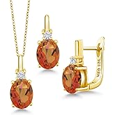 Gem Stone King Gemstone Birthstone and Lab Grown Diamond Pendant and Earrings Jewelry Set for Women in 18K Yellow Gold Plated Silver | Oval 8X6MM and Round 2.5MM | With 18 Inch Chain