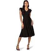 Adrianna Papell Womens V-Neck Midi Ribbed Sweater Dress with Double Ruffle Sleeves