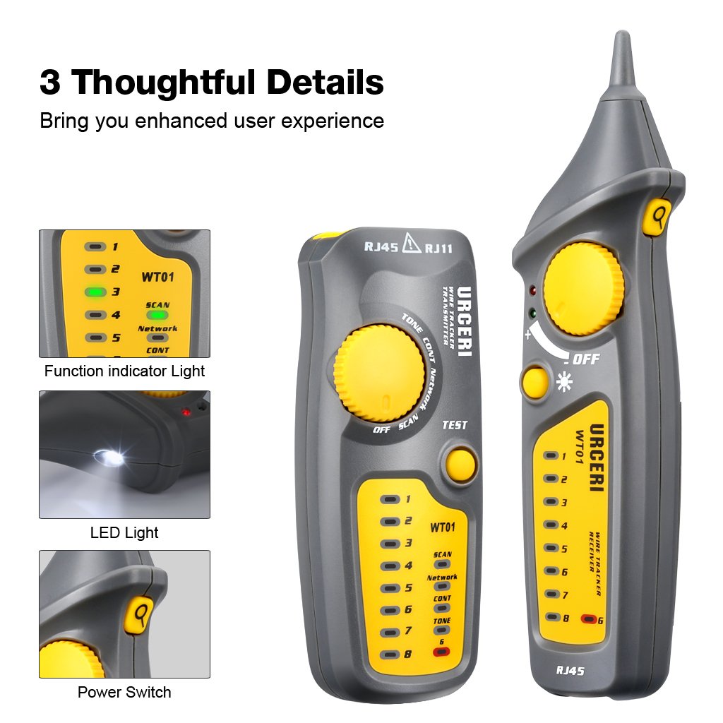 Comprobador de Cables URCERI, buscador RJ11 RJ45 Detector de Cables, Wire Tracker Sensibilidad ajustable, Prueba de Línea Telefónica, Verificación Continua, ...