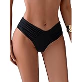 GORGLITTER Women's Ruched Cheeky Bikini Bottom High Waisted V Cut Thong Swimsuits Bathing Suit Bottoms Beach Swim Wear