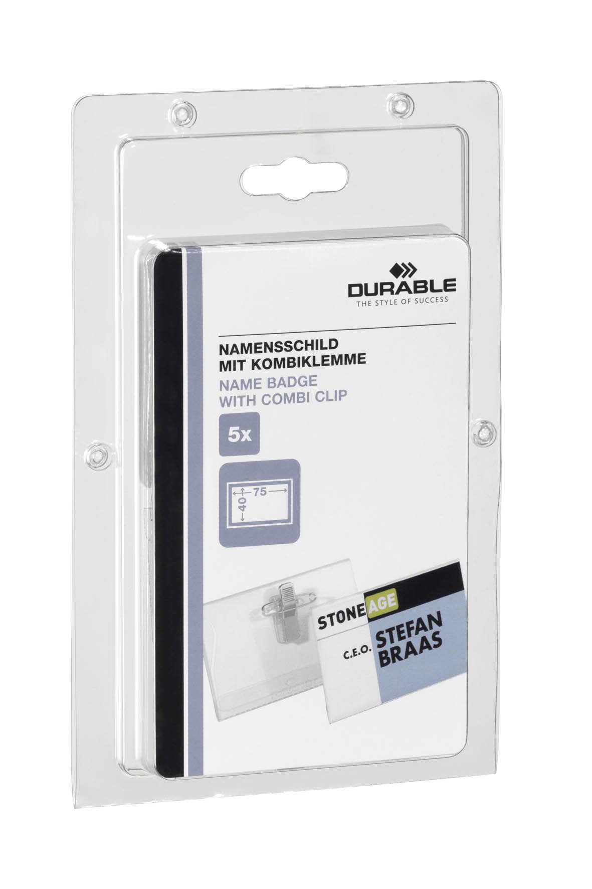 Durable 869419 Name Badge with Combi Clip 75 x 40 mm - Transparent (Pack of 5)