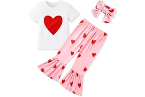 SYNPOS Toddler Baby Girls Outfits Valentines Day Love Heart Cotton T-Shirt Bell Bottom Pants Headband 3Pc Clothes Set 1-6 Years
