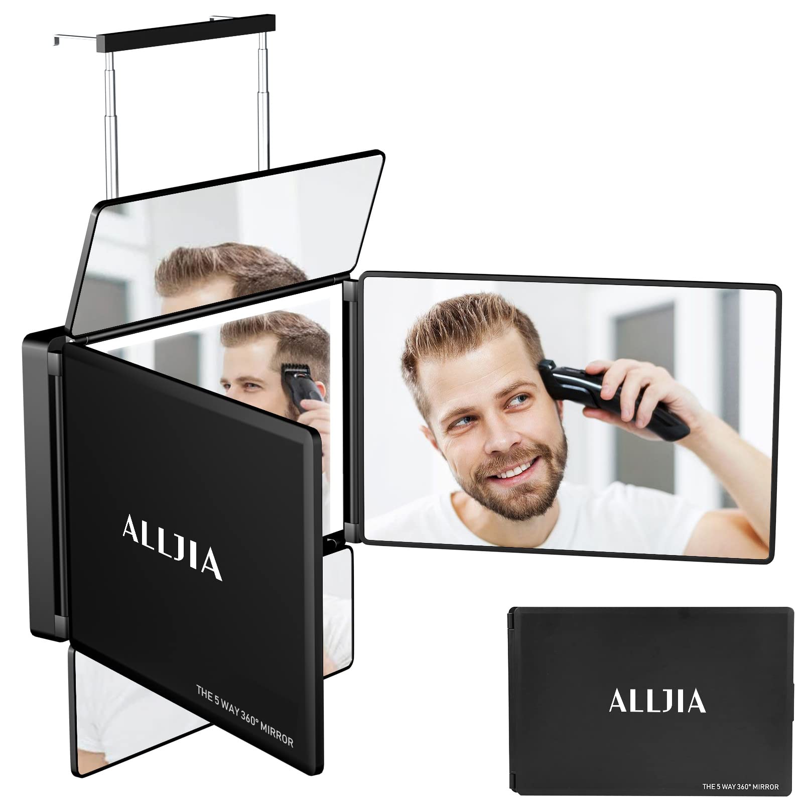 Alljia 5 Way Self Hair Cutting for Man - Adjustable Telescoping Hooks - Barber Light up Mirror for Back of Head and Self Grooming, Gifts for Men