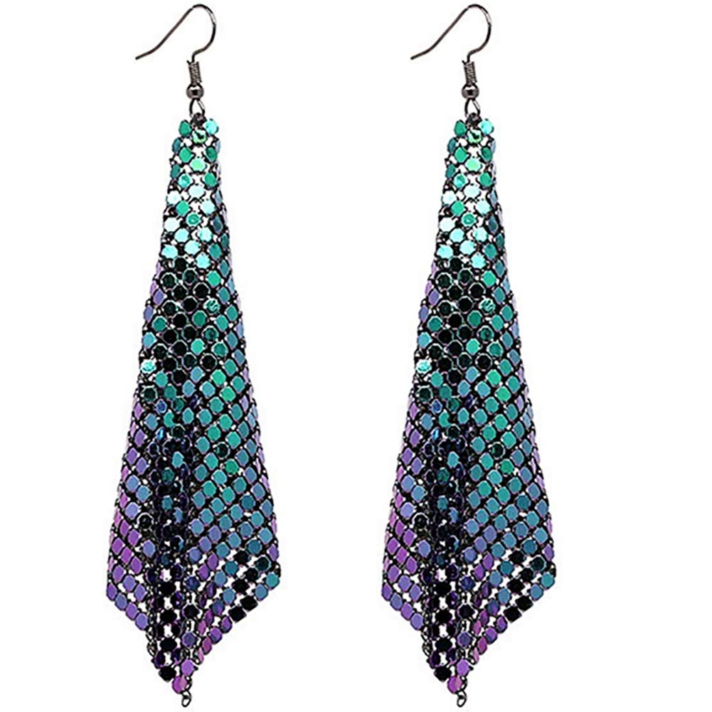 Suyi Trendy Women Earrings Metal Mesh Grid Sequins Tassel Long Drop Dangle Earrings Multicolor