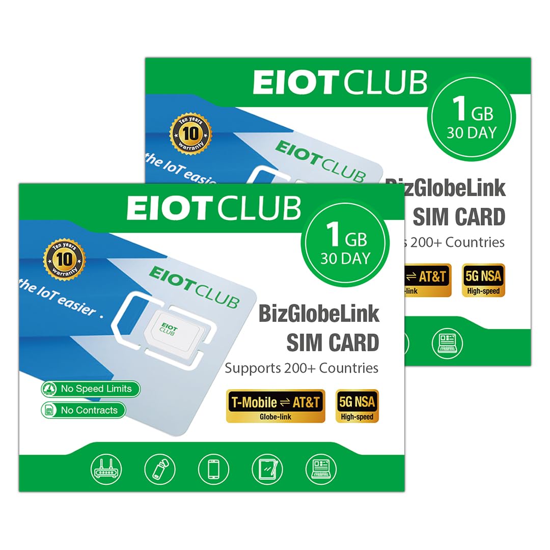 (2 Pack) EIOTCLUB International Data SIM Card, Travel SIM Card for 200+ Countries, 1GB/30Day Prepaid Data SIM, 5G LTE Cellular for Phone Tablet Router WiFi Hotspots, No Roaming Charges