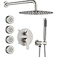 Iriber Brushed Nickel Round Rain Shower System with 4 PCS Body Jets 3 Function Shower Faucet Set Contain 12 Inch Shower Head and Handheld Wall Mounted Pressure Balance Shower Trim Kit (Valve Included)