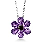 Gem Stone King 925 Silver and 10K Yellow Gold Purple Amethyst and Black Diamond Pear Shape Flower Pendant Necklace For Women | 2.23 Cttw | Gemstone Birthstone | With 18 Inch Chain