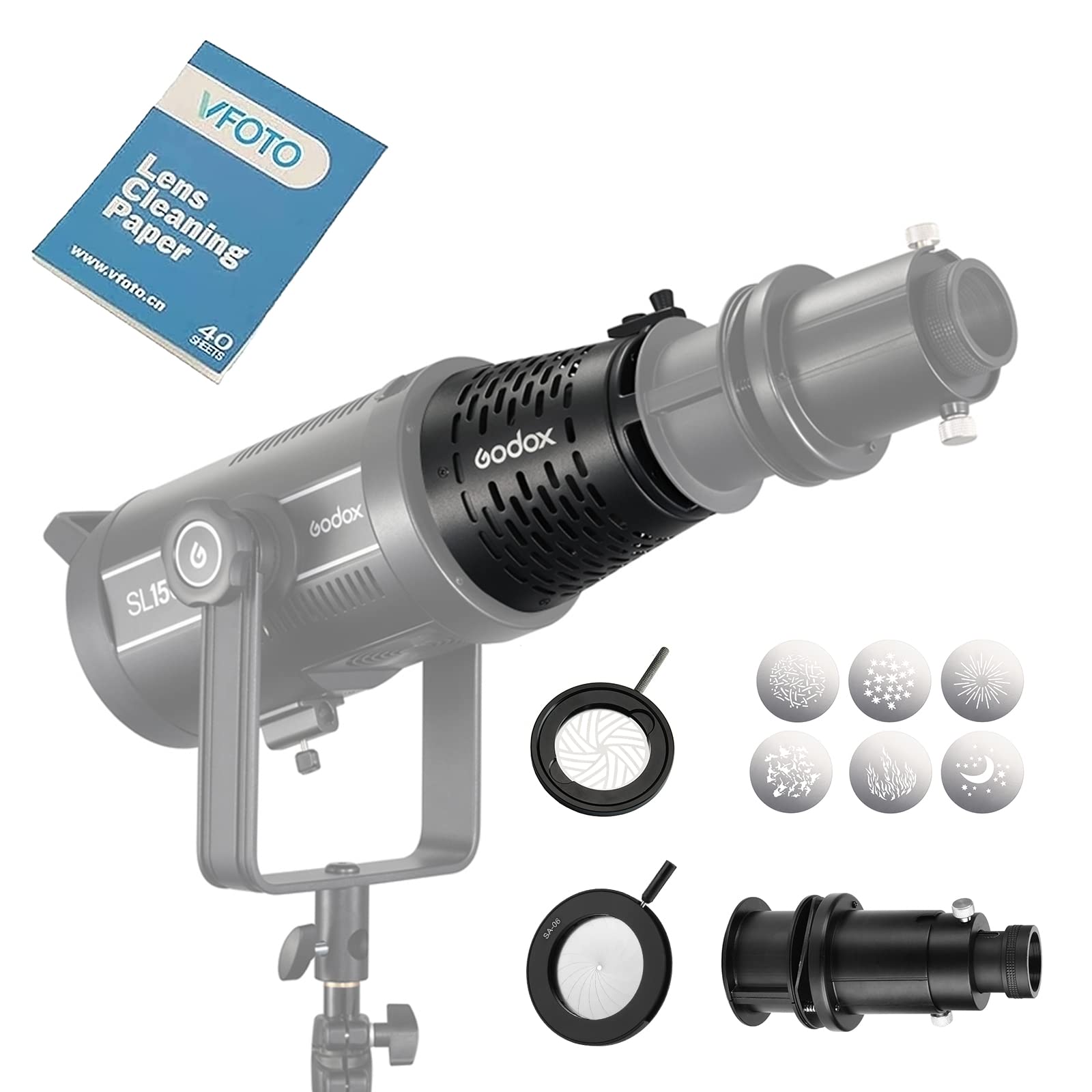 Godox SA-17 Bowens Mount Adapter with Projection Attachment SA-P, SA-06 IRIS, GOBO Set SA-09, GOBO Holder SA-10, for Video Light SL150WII SL60W SL300II SL200II VL150 S30