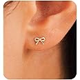 HANLI Gold Studs Earrings for Women - 14K Gold Plated Bow Stud Earrings for Women Small Ribbon Stud Earrings Coquette Bow Earrings for Women Trendy Jewelry