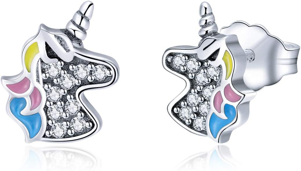 925 Sterling Silver Licorne Unicorn Memory Clear CZ Stud Earrings For Women