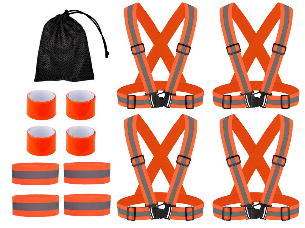 Anlising 4PCS Adjustable Reflective Safety Harness+4PCS Elastic Reflective Wristbands+4PCS Reflective Slap Arm-Bands and a Mesh Bag,Running Reflective Vest Gear,for Running, Hiking, Cycling