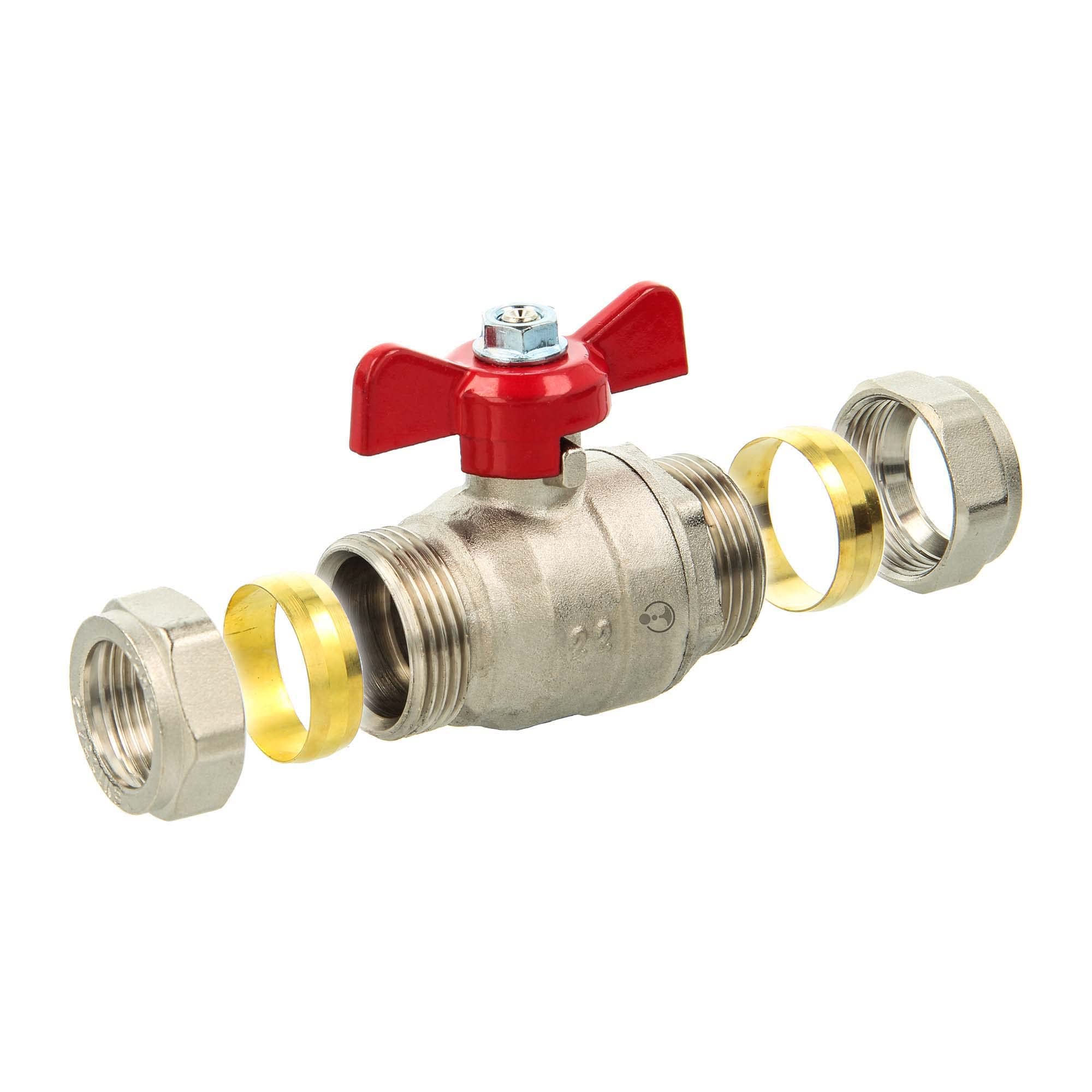 tecuro Ball Valve with Clamping Ring Connection for Cu Tube Ø 18 mm Finned Handle