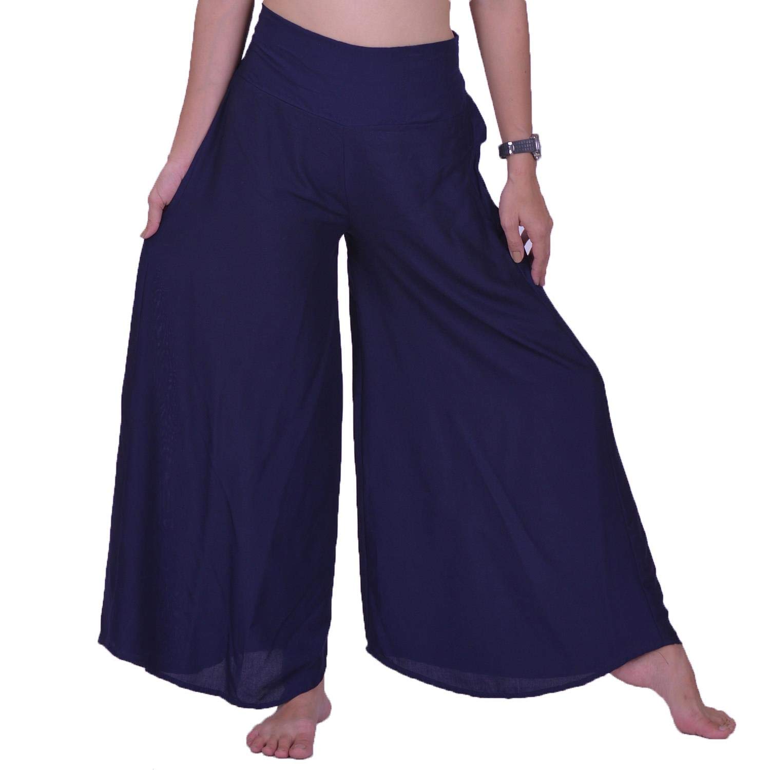 Lofbaz Women's Wide Leg Palazzo Pants Yoga Lounge Hippie Harem Flowy Trousers Ladies Petite Summer Hippy Comfy Travel Belly Dance Slacks - Dark Blue #6 S