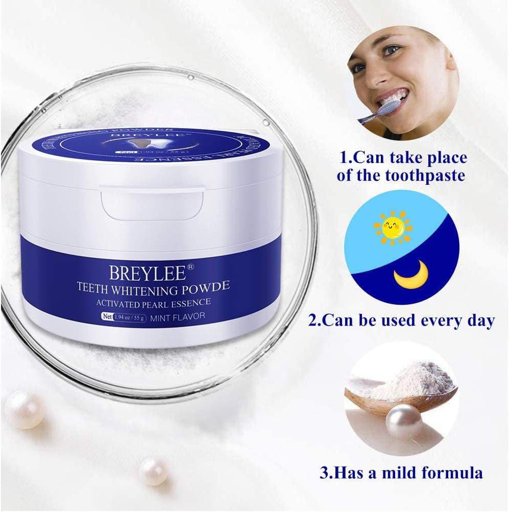 Teeth Whitening Powder BREYLEE Teeth Brightening Powder with Pearl Essence, Baking Soda for Removing Stain Caused by Coffee Wine Smoking Keeping Oral Fresh (55g, 1.94 oz) Only One Pack: Beauty