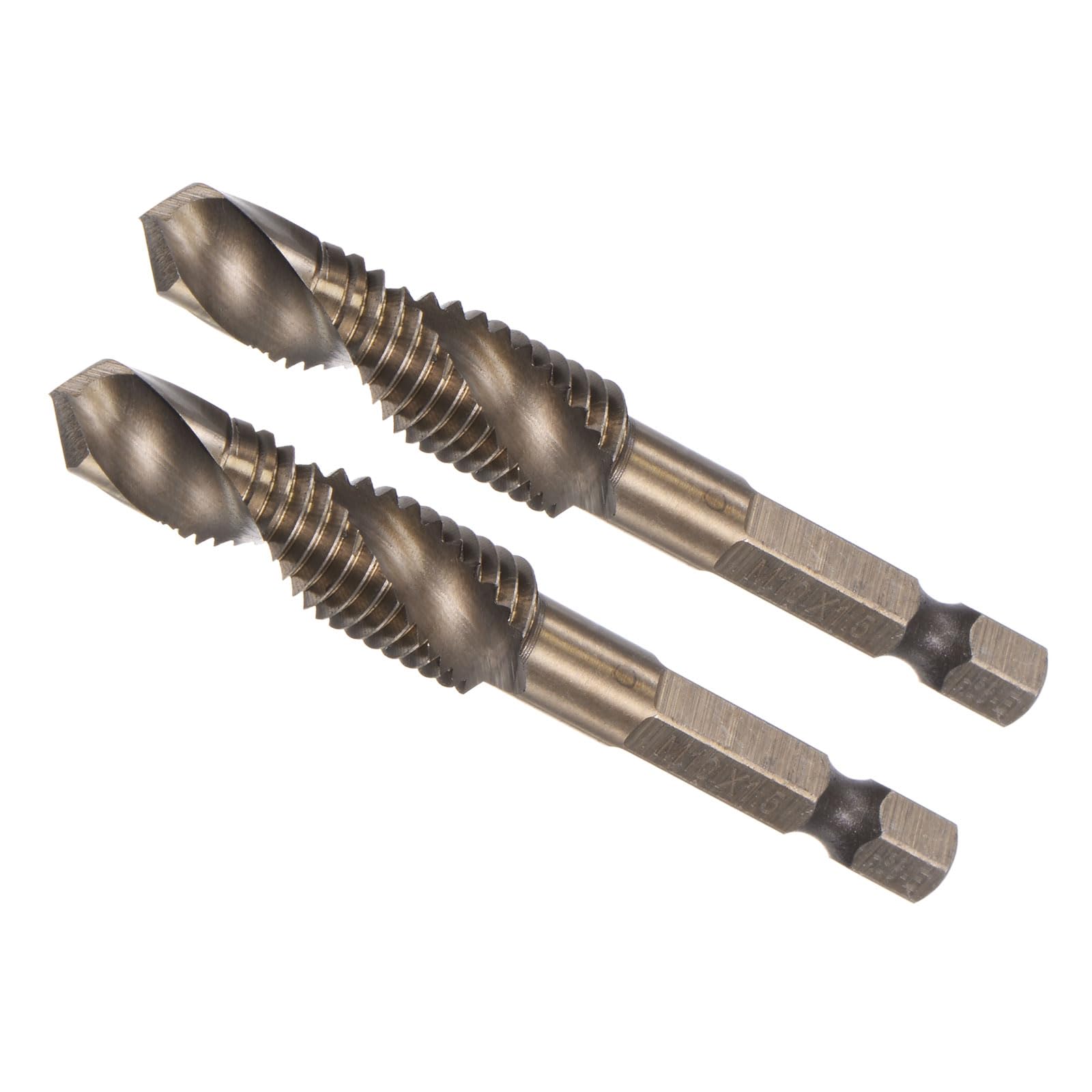 CoCud Combination Drill Tap Bit, M10 x 1.5 Thread Size 1/4" Hex Shank, 6542 Titanium Coated High Speed Steel Tools - (Applications: for Aluminum Stainless Steel Plastic), 2-Pieces