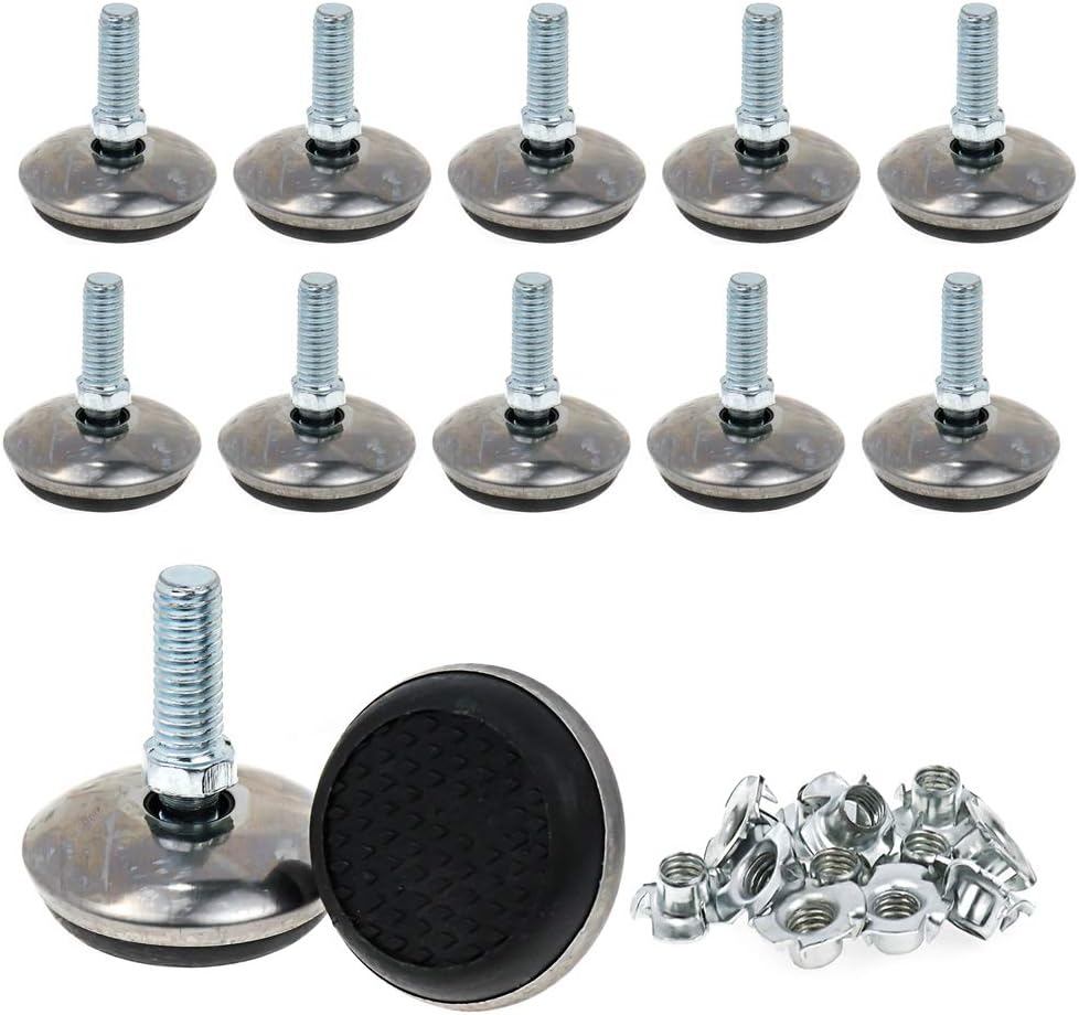 LICTOP Stainless Steel Plastic Adjustable Leg Leveling Glides for Furniture (M8 Thread,36mmDia.40mm Hight) w T-Nuts 12pcs
