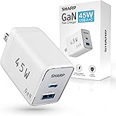 Sharp USB C Charger, 45W, 2 Port (USB A+C) Compact Foldable GaN Fast Charge for iPhone 15/15 Plus/15 Pro/15 Pro Max/14, Galaxy, Pixel 4/3, iPad/iPad mini – White
