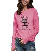 Women's I'm Fine Everything is Fine Long Sleeve T-Shirt-Cute Funny Cat Graphic Tee Sayings, Loose Fit Soft Casual Blouse Top