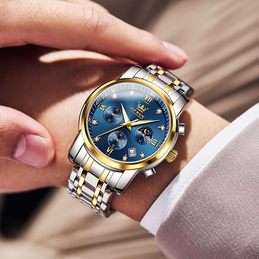 OLEVS Herrenuhren Blau Edelstahlarmband Quarz Uhr Männer mit Diamant Datum Wasserdicht Leuchtende Klassische Elegantes Armbanduhr Geschenk 3