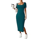 CFLONGE Casual Dresses for Women 2026 Summer Ribbed Short Sleeve Bodycon Maxi Dress Side Slit Knit Square Neck Long Sundress