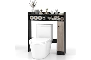 COSTWAY Over The Toilet Storage Cabinet, Freestanding Bathroom Organizer with Single Door Cabinet, Open Shelves, Space Saver 
