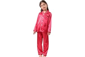 CATTYGIRL Pajamas Kid Unisex Pjs Set Girls Boys Silk Pajamas Set Satin Long Sleeve 2 Piece Clasic Sleepwear for 2-12 Years Todder