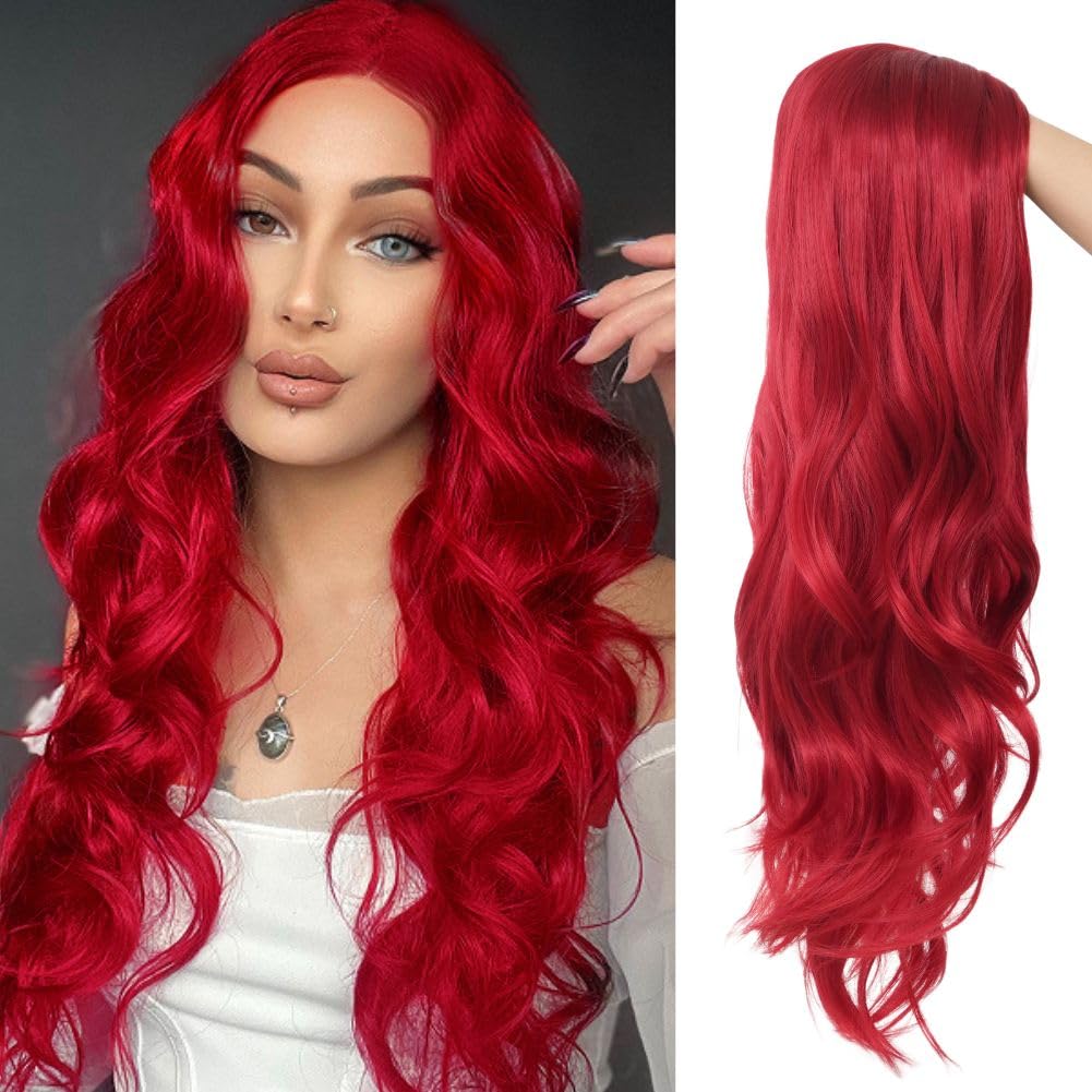 Siudus Red Long Curly Wigs for Women Middle Part Wavy Cosplay Hair Wig Synthetic Heat Resistant Fiber Halloween Costume Wig