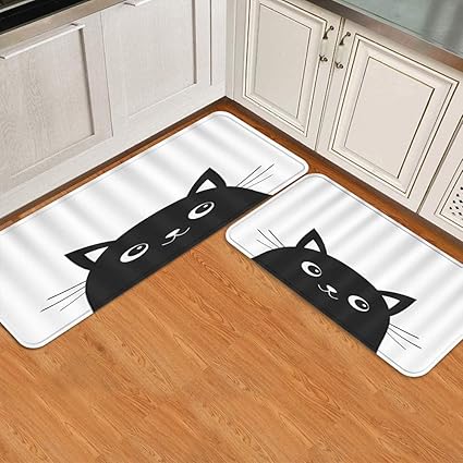 Amazon Miscery キッチンマット キッチンラグ 2個 猫の顔のシルエットかわいい漫画赤ちゃん子猫目鼻耳口ひげ 玄関 マット 屋外 キッチン ラグマット 北欧風 滑り止め 台所用 ベッドルーム 75x45cm 45x1cm Miscery キッチンマット