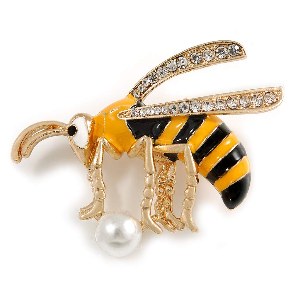 Funky Crystal Enamel Wasp Brooch In Gold Tone Metal (Black/Yellow) - 40mm Across
