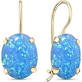 14K Gold Blue Opal Earrings for Women - 8x10mm Oval Gemstone - Blue Opal Gold Earrings - Timeless Gold Dainty Dangle Drop Earrings - October Birthstone Earrings