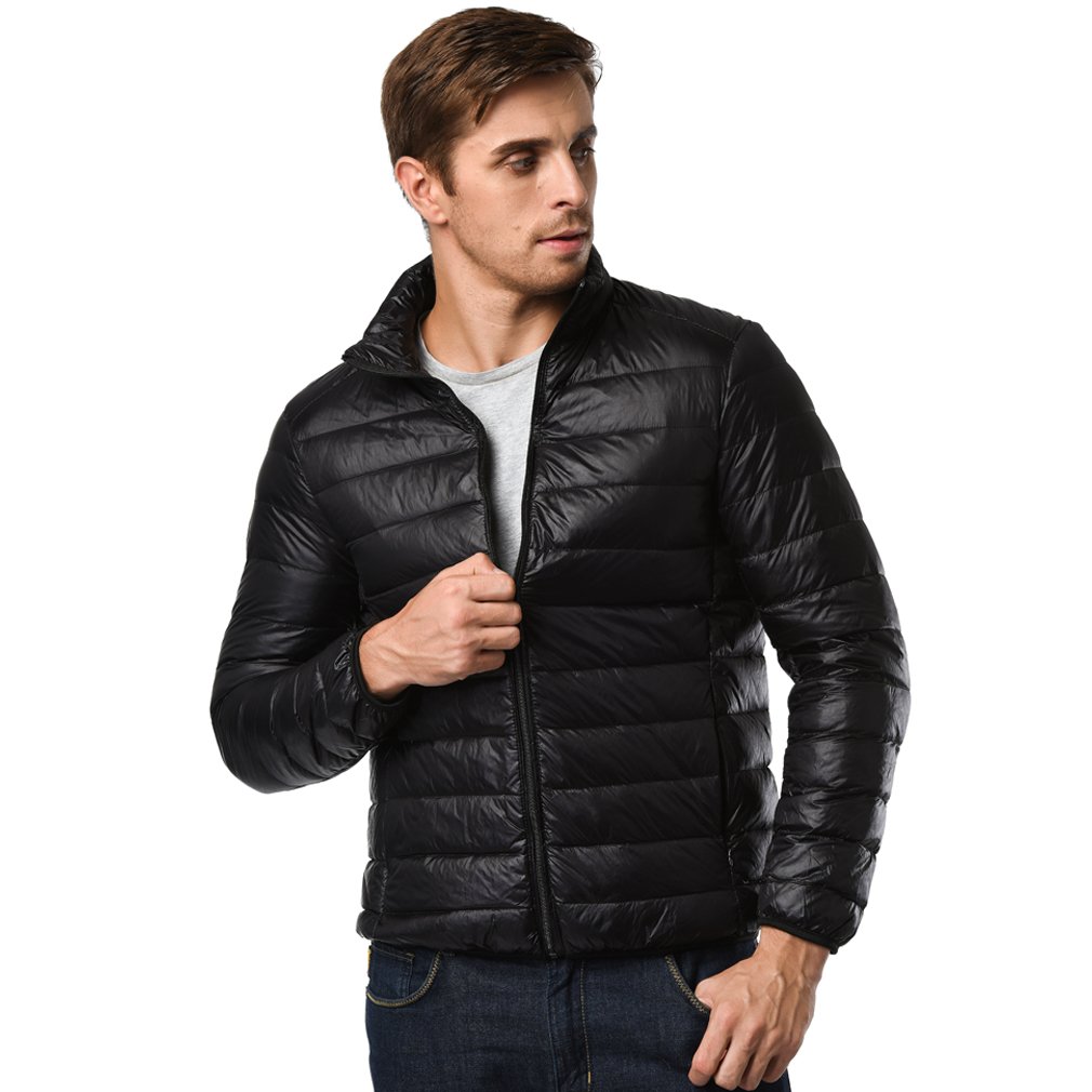JOYBI Mens Down Jacket Winter Packable Ultra Light Lightweight Puffer Outwear Short Stand Collar Coats Black XXL