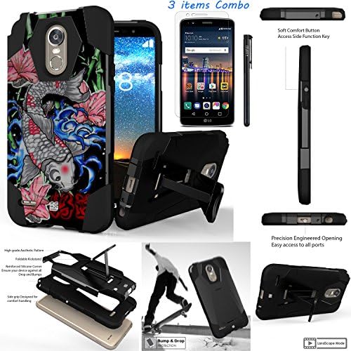 For LG Stylo 3 LG Stylo 3 Plus 2017 LS777 MP450 M430 L83BL /ITUFFY 3items: LCD Film+Stylus Pen+[Dual Layer] [Impact Resistance] [KickStand] Hybrid Armor Case (Koi Fish)
