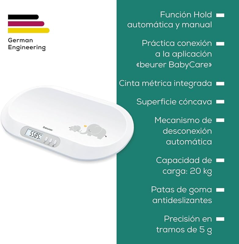 BY 90 Báscula para bebés con aplicación (iOS + Android) cinta métrica integrada, capacidad de carga de 20 kg y función de retención para bebés que dan patadas