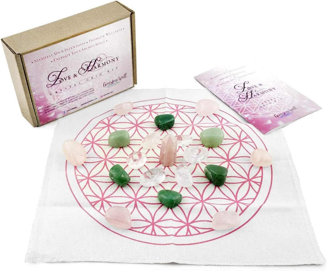 Hardscaping Materials - Crystal Grid Set | Crystal Healing |Get Started Quickly with Our Premium Ready-to-Go Love and Harmony Kit, Hand Selected Gemstones and Flower of Life Grid in Gift Box