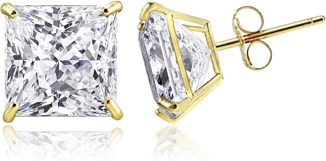 TIONEER 14K Solid Gold or Sterling Silver Stud Earrings for Women and Men Cubic Zirconia Round Cut & Princess Cut (3mm - 9mm)