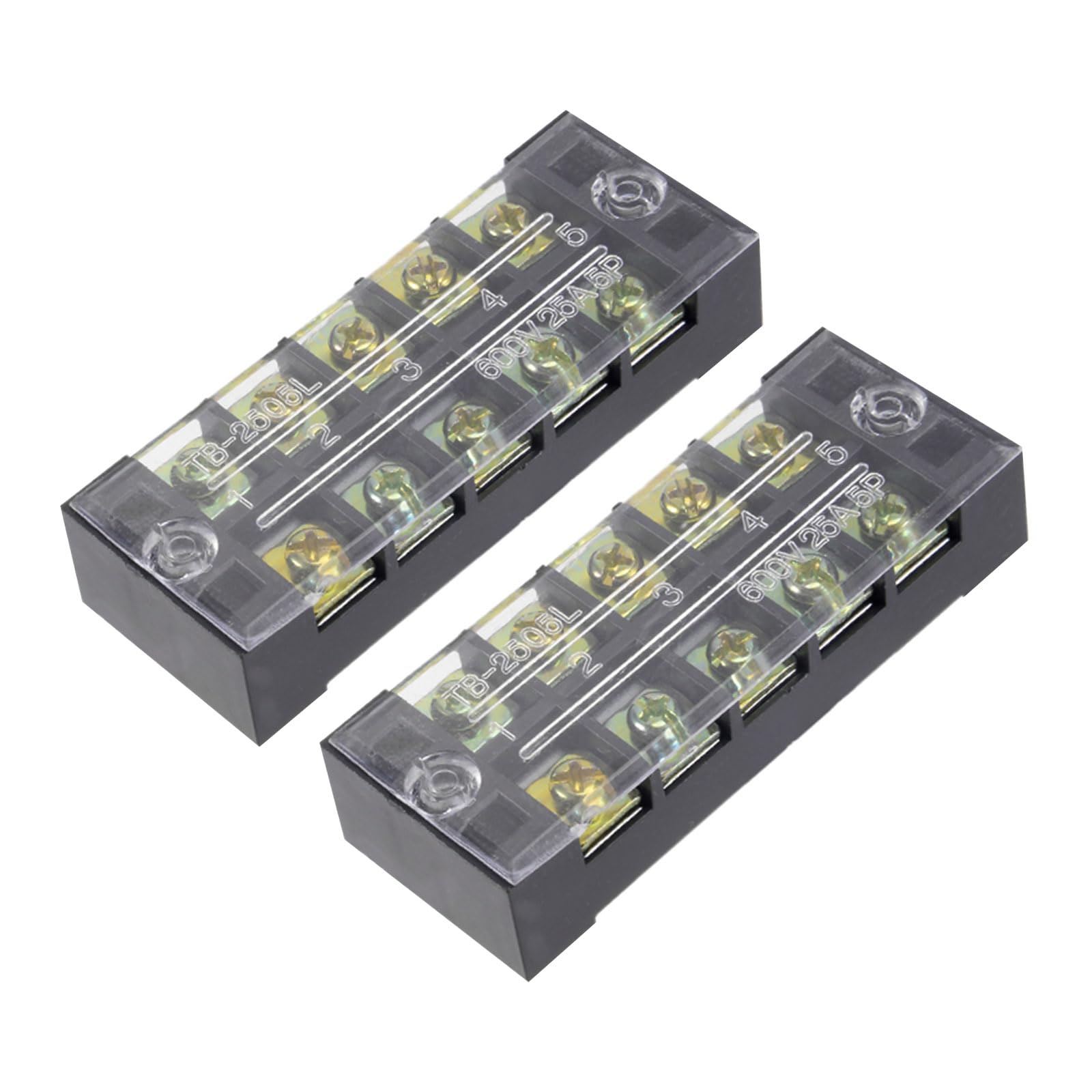 Rebower 5 Positions Dual Rows 600V 25A Terminal Strip Blocks Barrier Screws (with Cover), [for Wires Connecting, Electronic Circuits] - 2 Pack/Black/TB-2505L