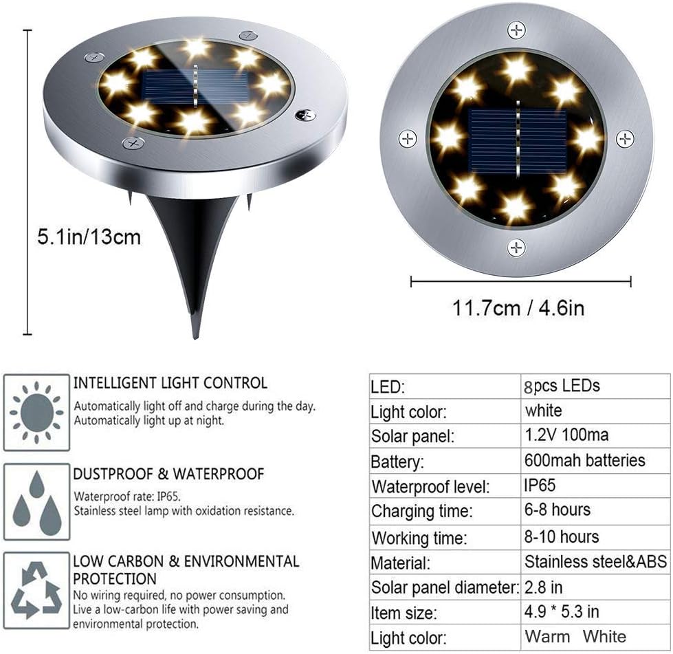 Solar Ground Lights - 8 LED Solar Garden Lights Outdoor，Disk Lights Waterproof In-Ground Outdoor Landscape Lighting for Lawn Patio Pathway Yard Deck Walkway Flood Light Dekugaa (8): Home Improvement