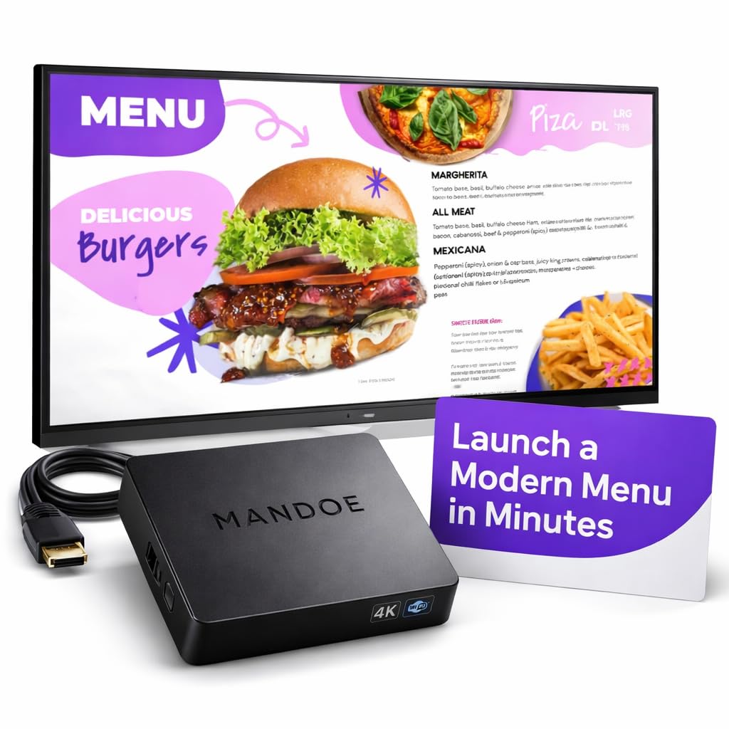 Digital Signage Player by Mandoe – Easy Setup, AI Template Creation, Premium Templates for Restaurants, Retail, and Business Displays