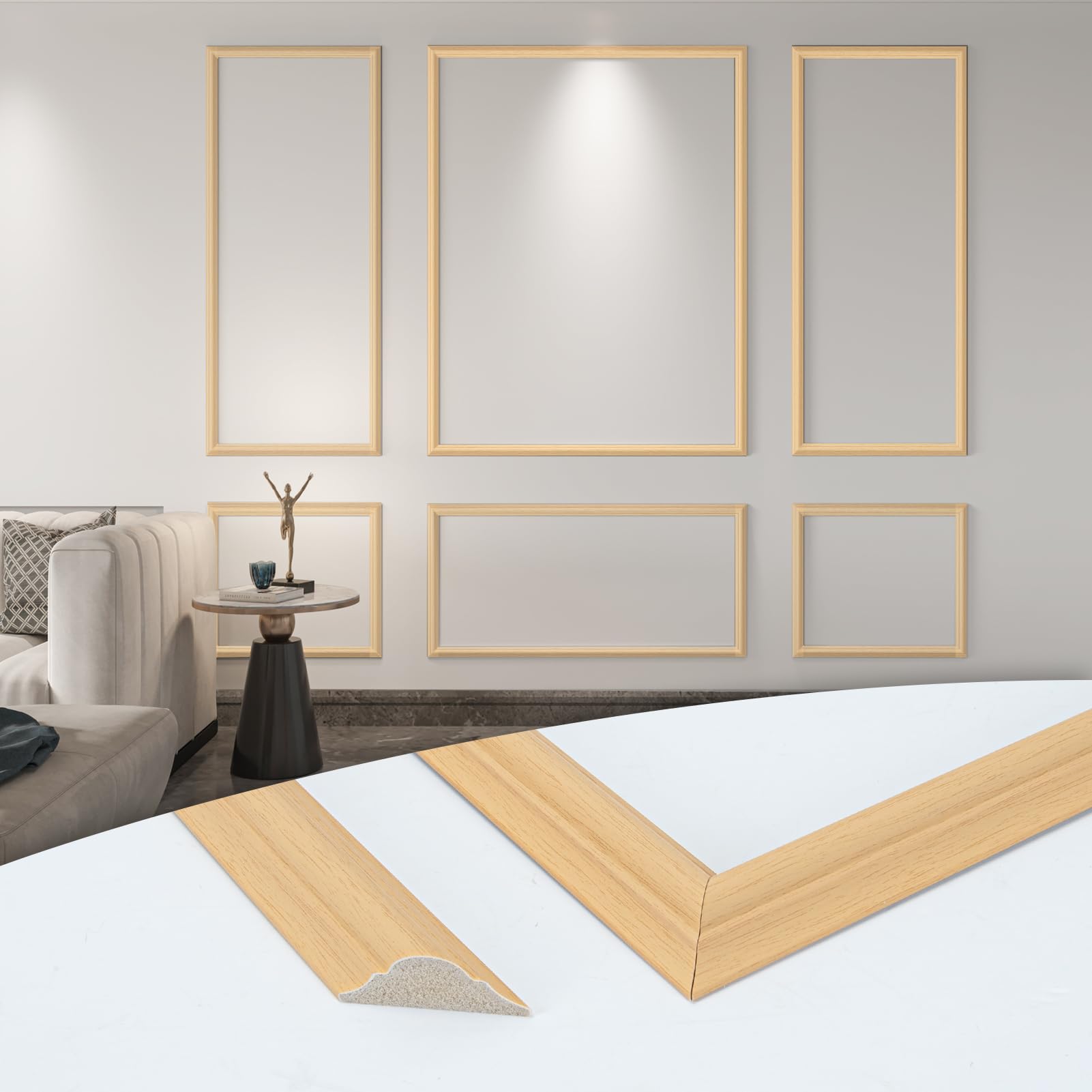 Photo 1 of Art3d Pre-Cut Wall Molding Set of 6 pcs, Ready-to-Assemble Wainscoting Panels for Interior Wall Décor Living Room Bedroom Accent Wall - Installed with Glue, 3 Top 3 Bottom, Oak