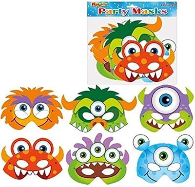 Playwrite 12 Monster Masks Kids Cardboard 6 Designs Party Bag Fillers Elastic