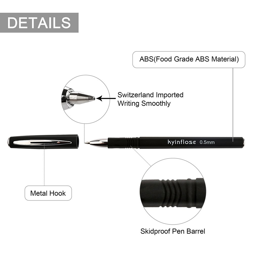 Kyinflose Pens, Smooth Gel Ink Roller Ball Pens, Fine Point, Black, 12-Pack (0.5mm)