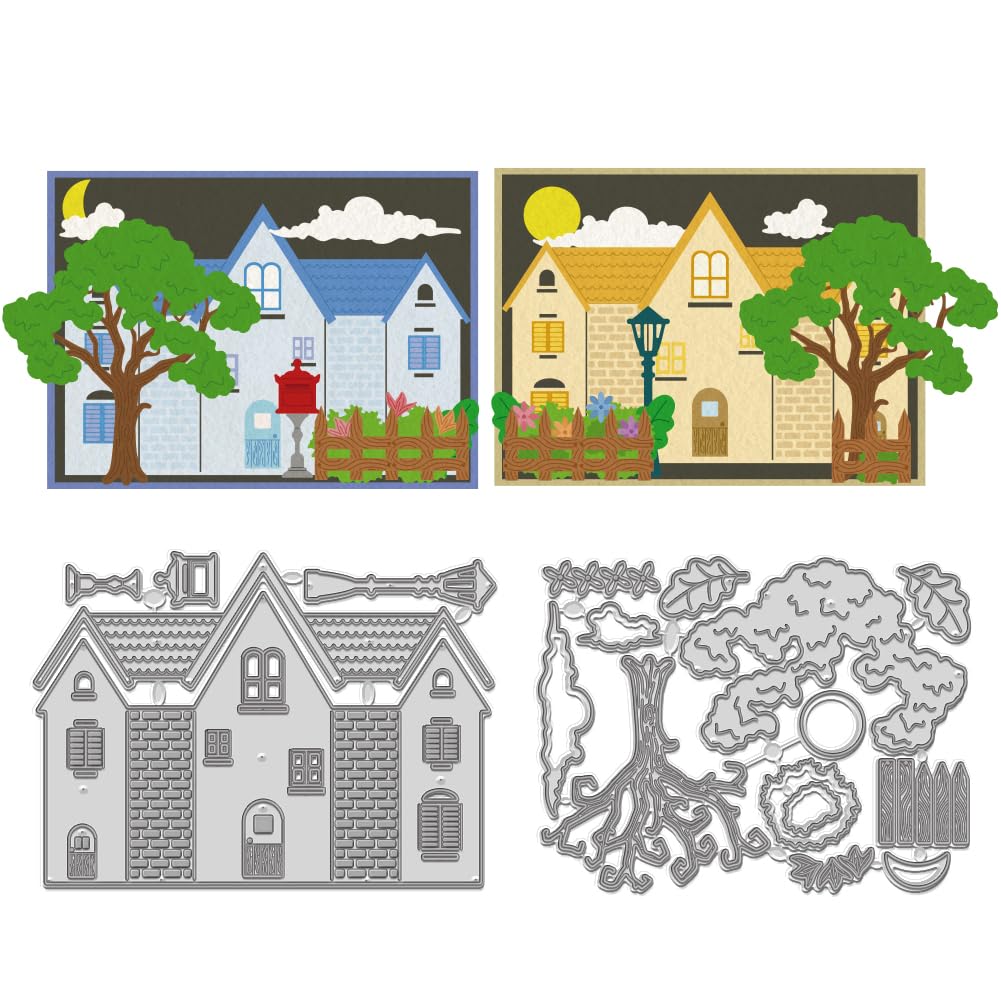 WADORN Manor House Cutting Die Cuts, Home Building Scenery Metal Cutting Dies Stencils Flower Bushes and Trees Carbon Steel Embossing Stencil Cutting Template for DIY Scrapbooking Craft Paper Card