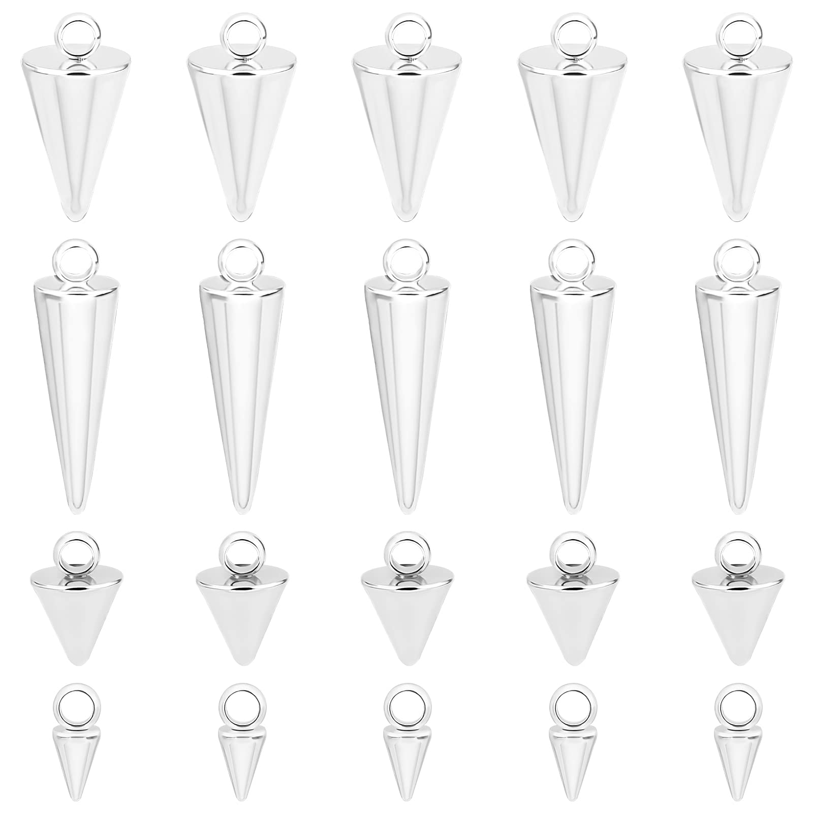 UNICRAFTALE about 24pcs 4 Sizes Spike Hypoallergenic Pendants Silver Stainless Steel Metal Punk Style Charm Cone Pattern Pendants for DIY Necklaces Jewelry Making 6.5~18mm