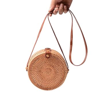 Leoie Women Hand Woven Bag Round Bag Rattan Straw Bags Satchel Wind Bohemia Beach Circle Bag Mini Bag PU18*8 Leather Buckle